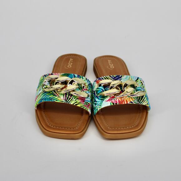 Aldo Ezio Buckled Flat Slide Sandals Womens Size 8.5 Bright Snake Multi Gold NEW - Picture 6 of 9